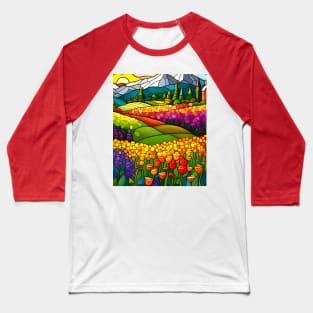 Stained Glass Colorful Mountain Flowers Baseball T-Shirt